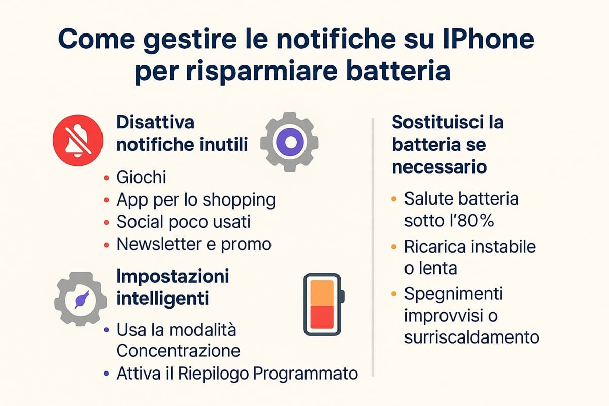 Come ridurre il consumo di batteria iPhone con notifiche ottimizzate Infografica gestione notifiche iPhone per risparmiare batteria nel 2025